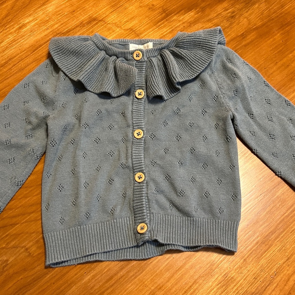 Gray-Blue Cardigan Ruffled Sweater